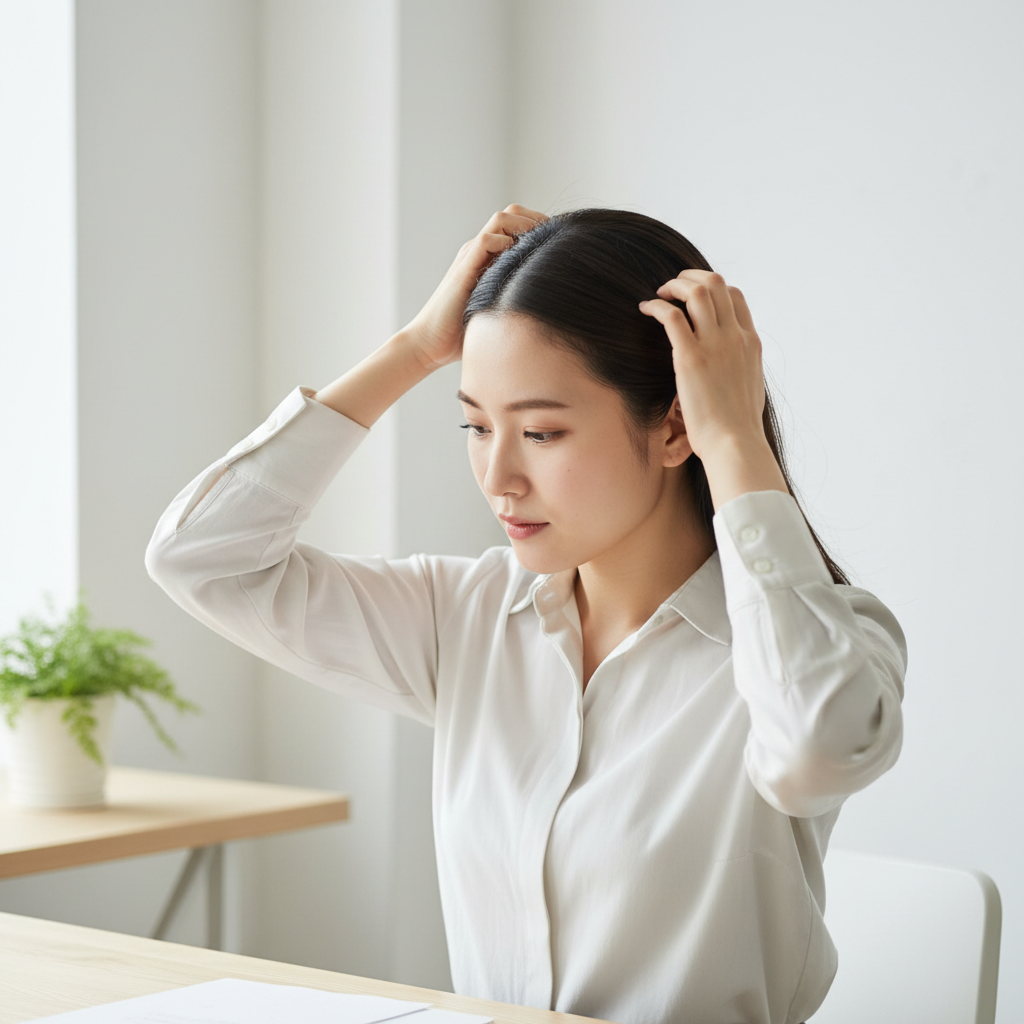 一位女性坐在白色桌子旁，兩手輕輕撫摸自己的頭皮，表情專注，背景是明亮的窗戶與綠色植物，展現出放鬆和注重頭皮護理的氛圍。