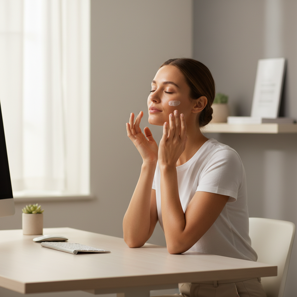 年輕女性在家中進行護膚，微笑地將護膚品輕輕塗抹在臉上，展現舒適的護膚氛圍。
