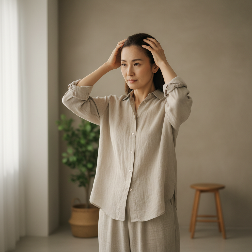 在明亮的室內環境中，一名女性輕柔地按摩自己的頭皮，展現頭皮護理的放鬆過程，主要關鍵字為頭皮護理，針對頭皮的健康保養，以及升級的護膚體驗。