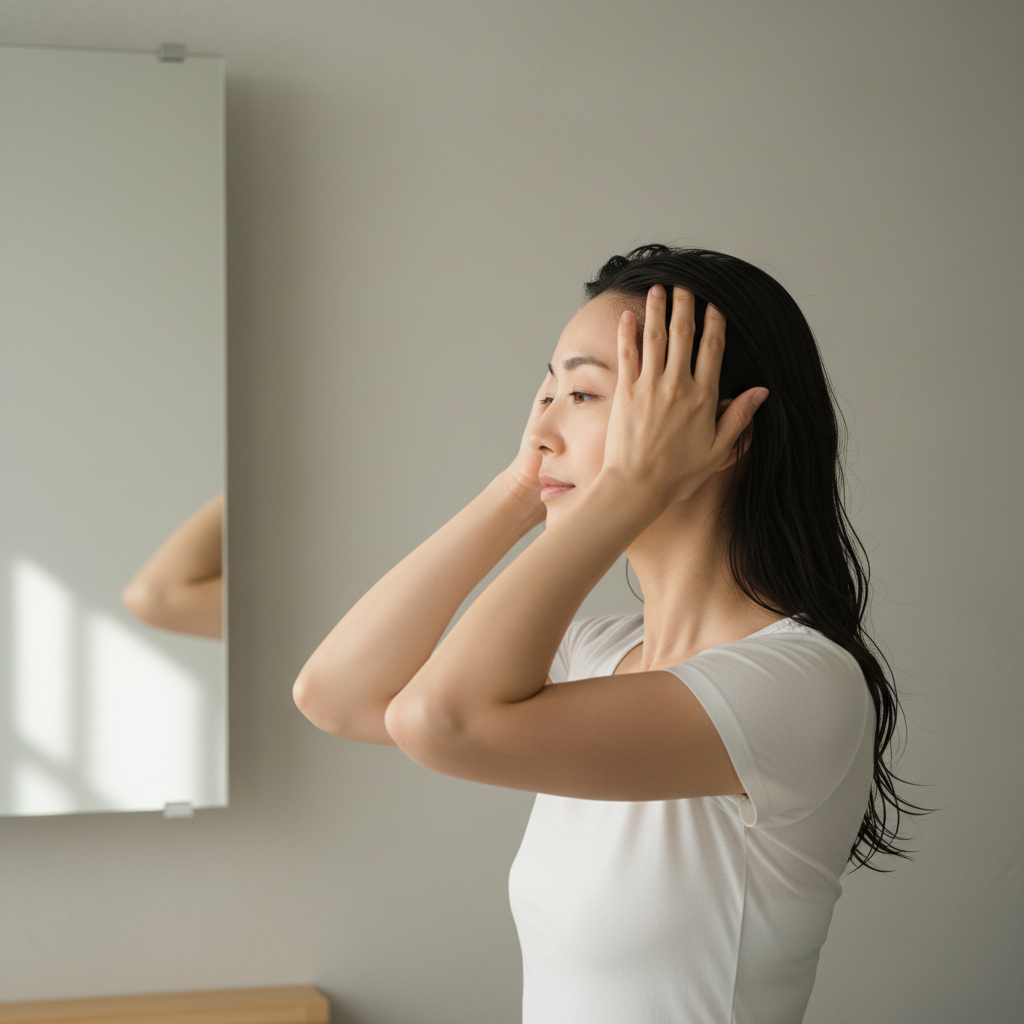 一位女性在鏡子前專心進行頭皮護理，雙手輕輕按摩頭皮，這是一種有效的頭皮養護方法，能促進血液循環並舒緩壓力。