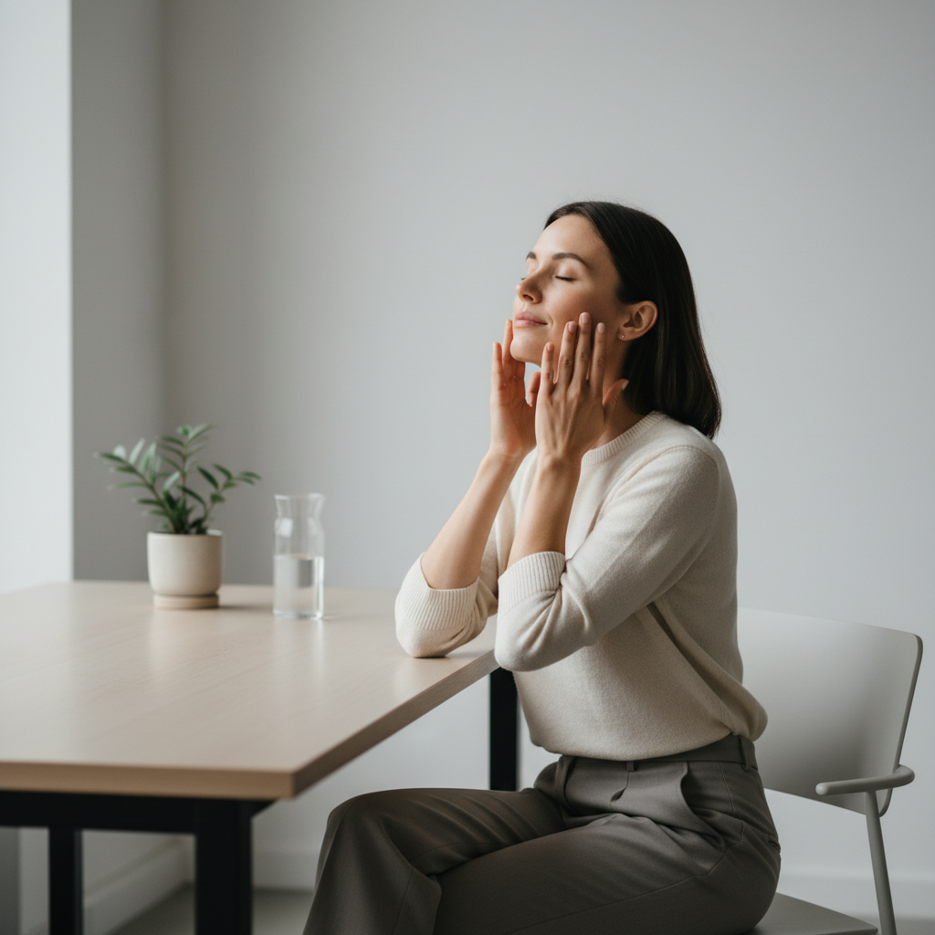 這張圖片展示一位女性在寧靜的環境中進行臉部護膚，雙手輕柔地按摩臉頰，展現她在專注於護膚的過程，旁邊有一瓶水和盆栽，氛圍舒適自然，體現了護膚的重要性。