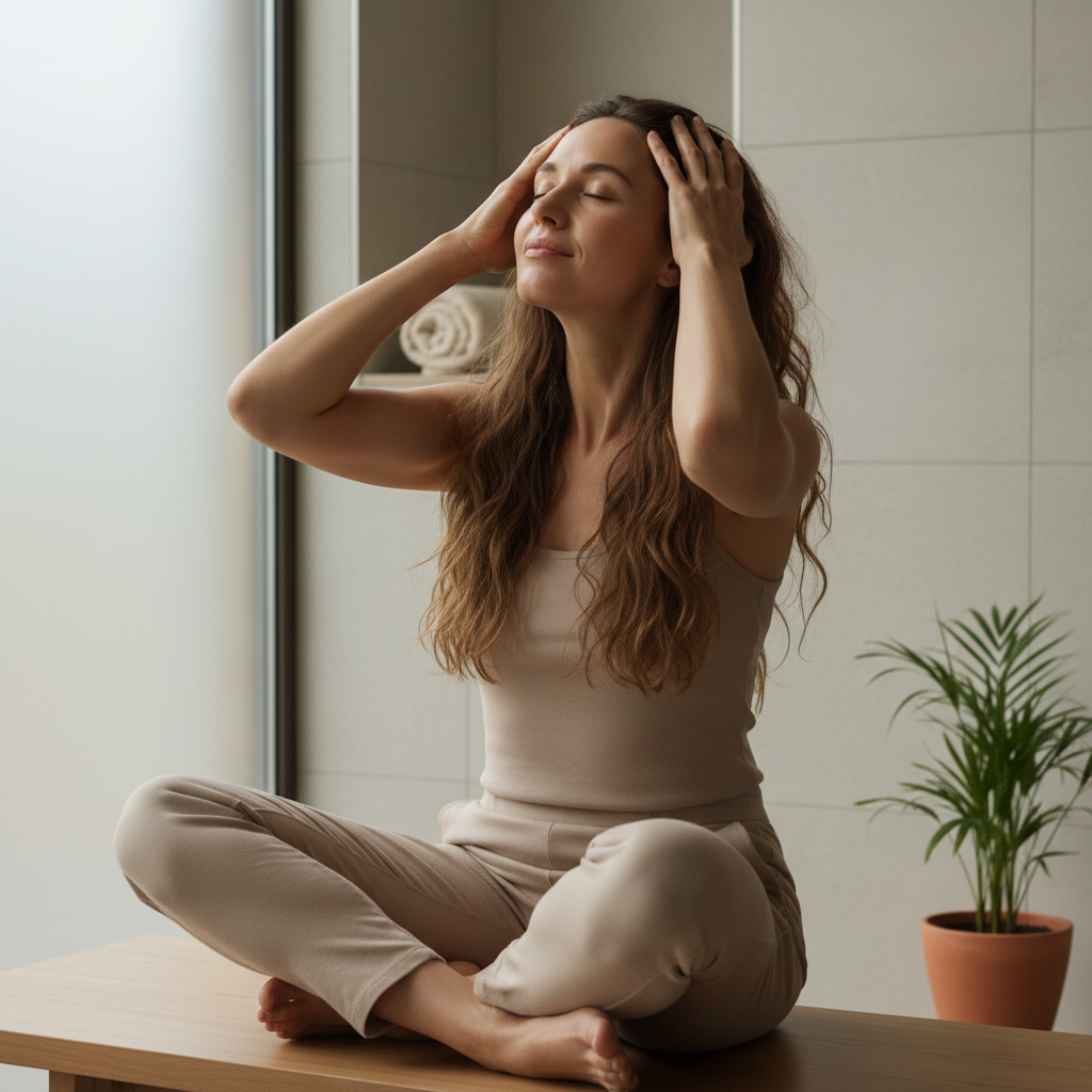 一位女性坐在木桌上，雙手輕撫著頭皮，享受頭皮護理的放鬆時刻，背景有綠意盎然的植物，搭配柔和的室內光線，展現頭皮護理與放鬆的完美結合。