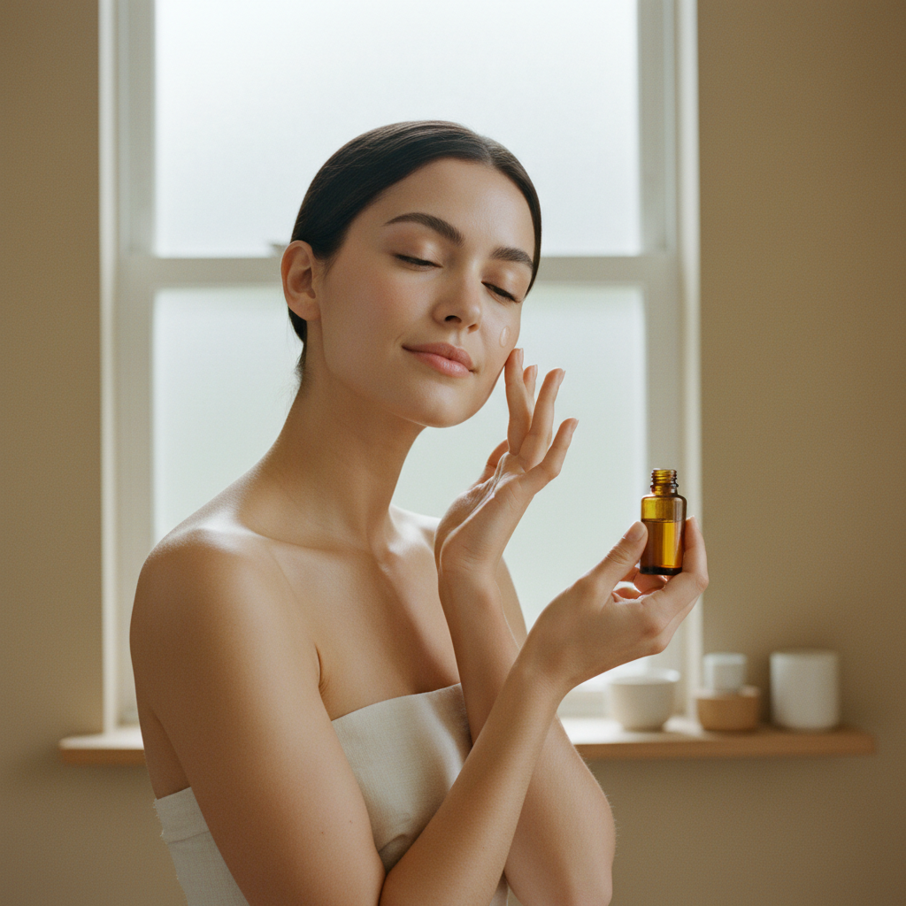 一位女性在溫馨的室內環境中，輕輕將護膚油塗抹於臉部，展現舒適與放鬆的表情，強調護膚的重要性，特別是頭皮與臉部的養護。