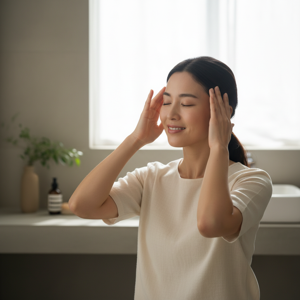 一位女性在舒適的環境中輕輕按摩頭皮，享受頭皮護理帶來的放鬆。窗外的自然光照亮了她的臉龐，展示出她對頭皮護理的關注，強調頭皮健康的重要性。