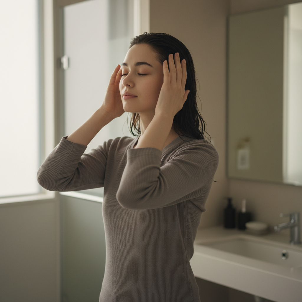圖片中，一位年輕女性在衛浴環境中進行頭皮護理，雙手輕輕撫摸著頭部，表情放鬆，營造出頭皮spa舒適的氛圍，強調頭皮護理的重要性。