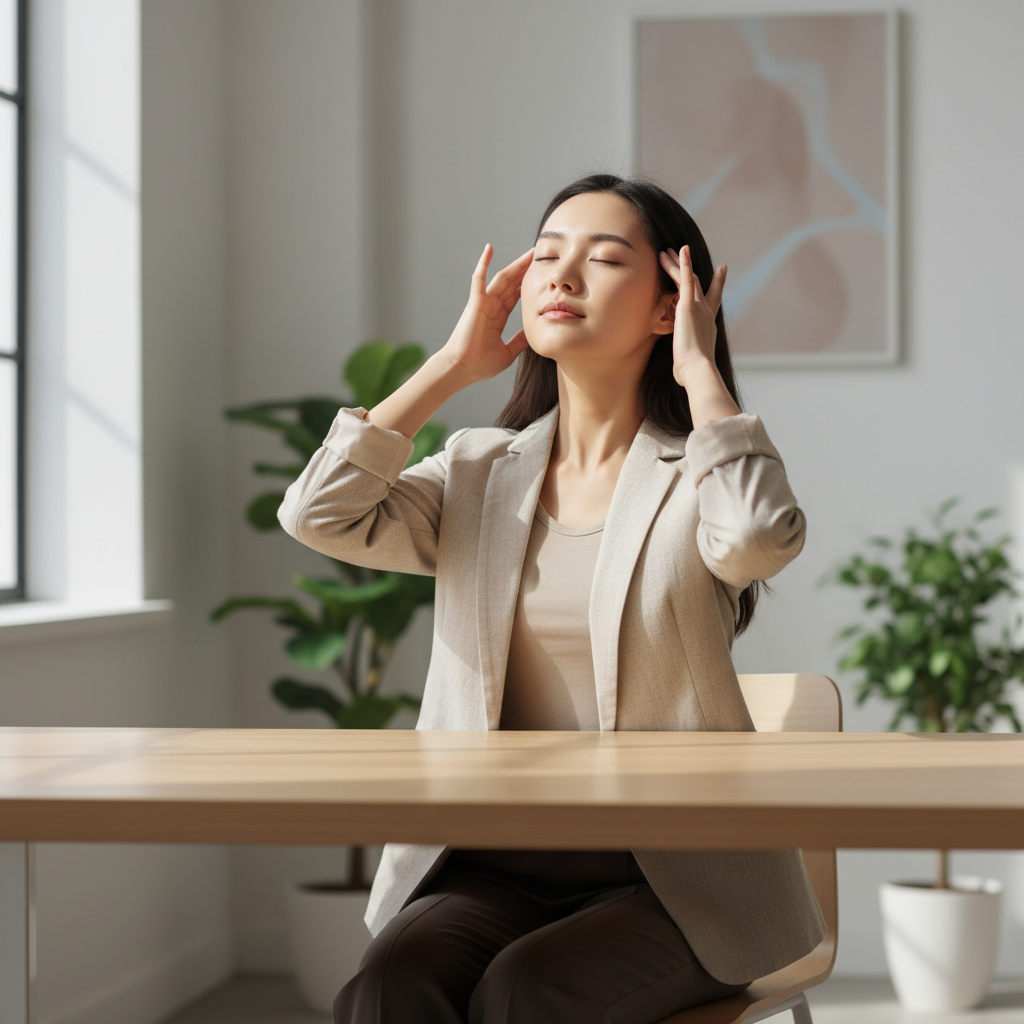 一位穿著淺色西裝的女性坐在明亮的室內，正在進行頭皮護理，輕輕撫摸頭皮以放鬆，周圍有綠色植物增添自然氛圍，展現出舒適的護膚過程。