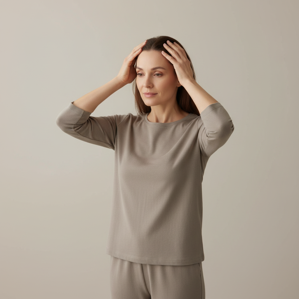 一位女性雙手撫摸著頭皮，展現放鬆的姿勢，強調頭皮護理的重要性，適合想要進行頭皮欖護的使用者。