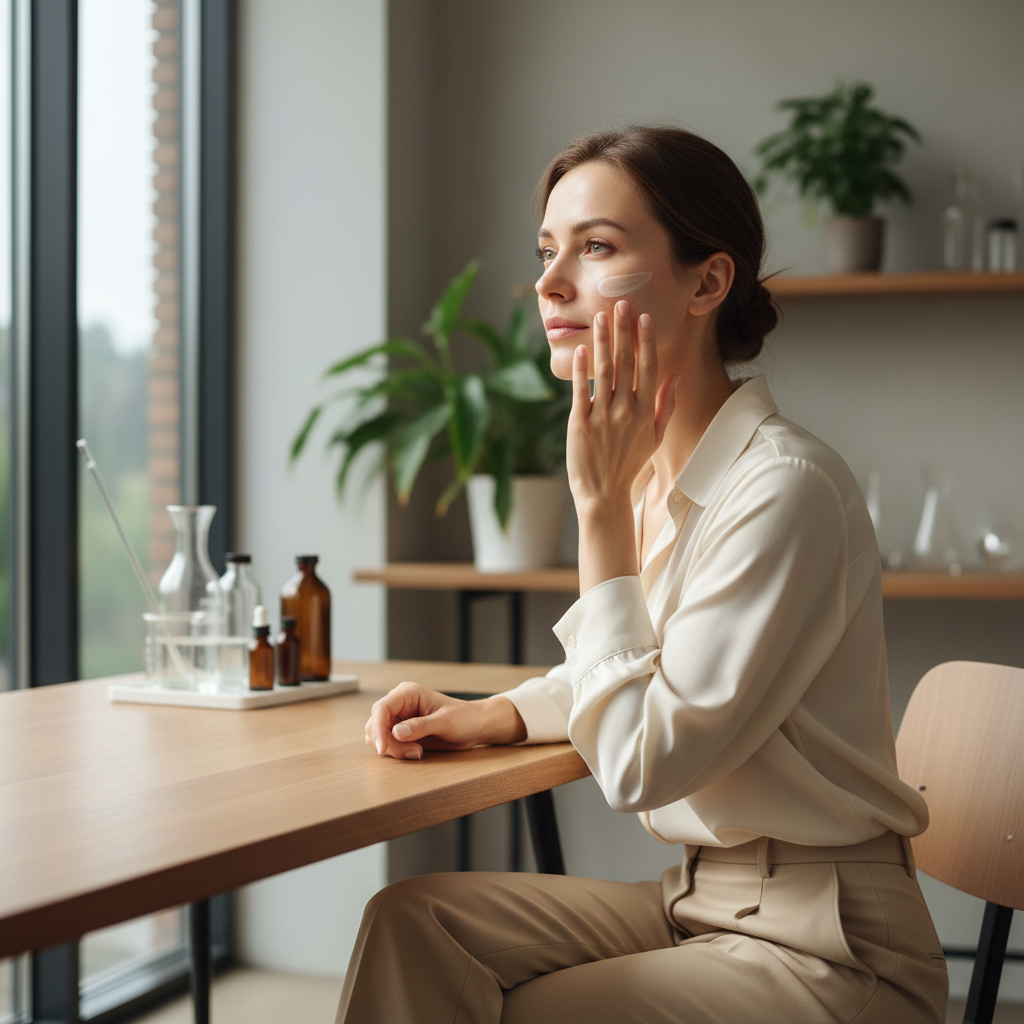 這張圖片展示一位女性在光線明亮的室內環境中，專注地將護膚品塗抹在臉上，旁邊擺放著多款護膚油與瓶子，突顯出她注重護膚的態度。