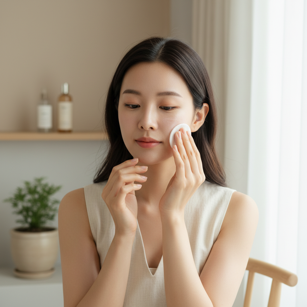 一位女性正在使用護膚品，專注地用化妝棉擦拭臉部，背景中可見保養品，展現日常的護膚程序，強調頭皮護理與肌膚保養的重要性。