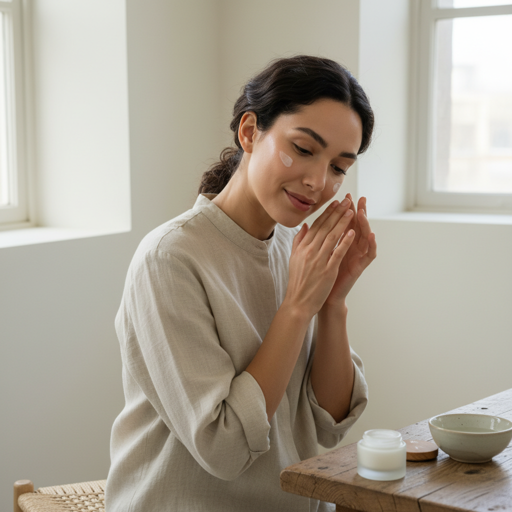 一名女性正坐在溫馨的室內環境中，面對窗戶，微笑著輕輕塗抹護膚品在臉上，旁邊擺放著護膚膏與碗，展現出專注於護膚的瞬間，反映出頭皮護理與臉部保養的重要性。