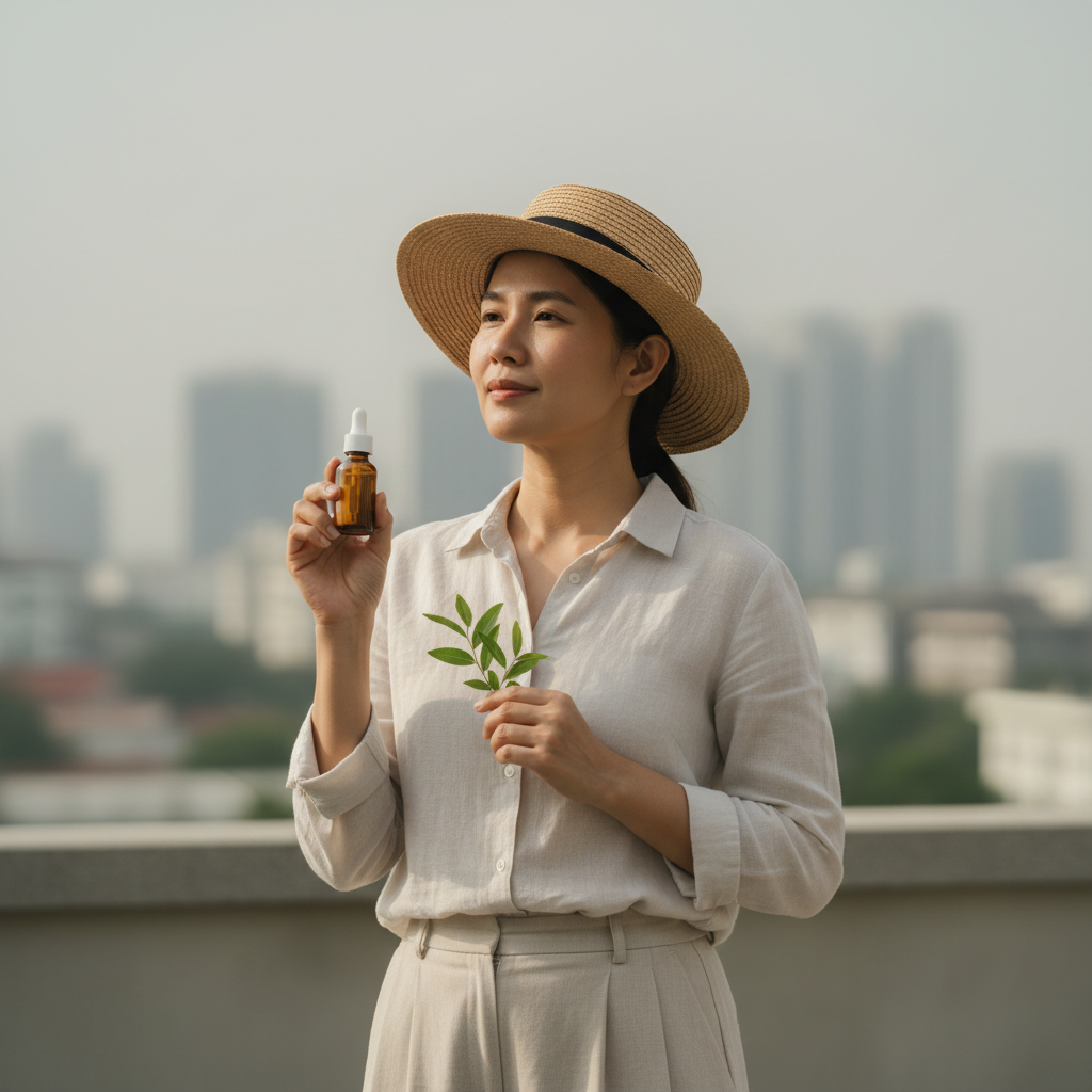 圖片中，一位身穿淺色襯衫的女性手持一瓶護膚油，旁邊拿著幾片綠葉，背景是現代城市的高樓大廈，這展現了頭皮護理和護膚的完美結合。