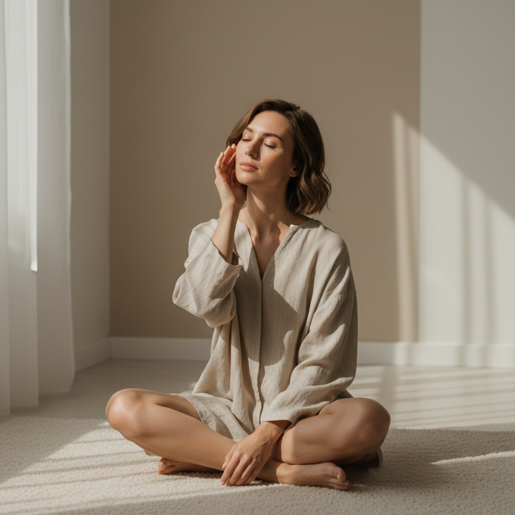 一位女性坐在柔和的室內環境中，手輕輕撫摸著自己的臉頰，享受頭皮護理的放鬆時刻，透過舒適的氛圍加強護膚效果。