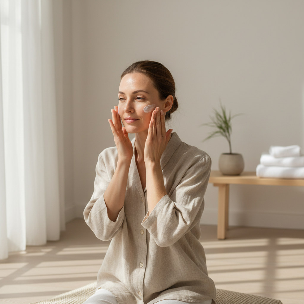 一位女性在明亮的室內空間中進行護膚，正在臉上輕柔塗抹護膚品，展現出放鬆的表情，背景中有綠色植物和整齊的毛巾，體現了一種舒適的護膚氛圍。