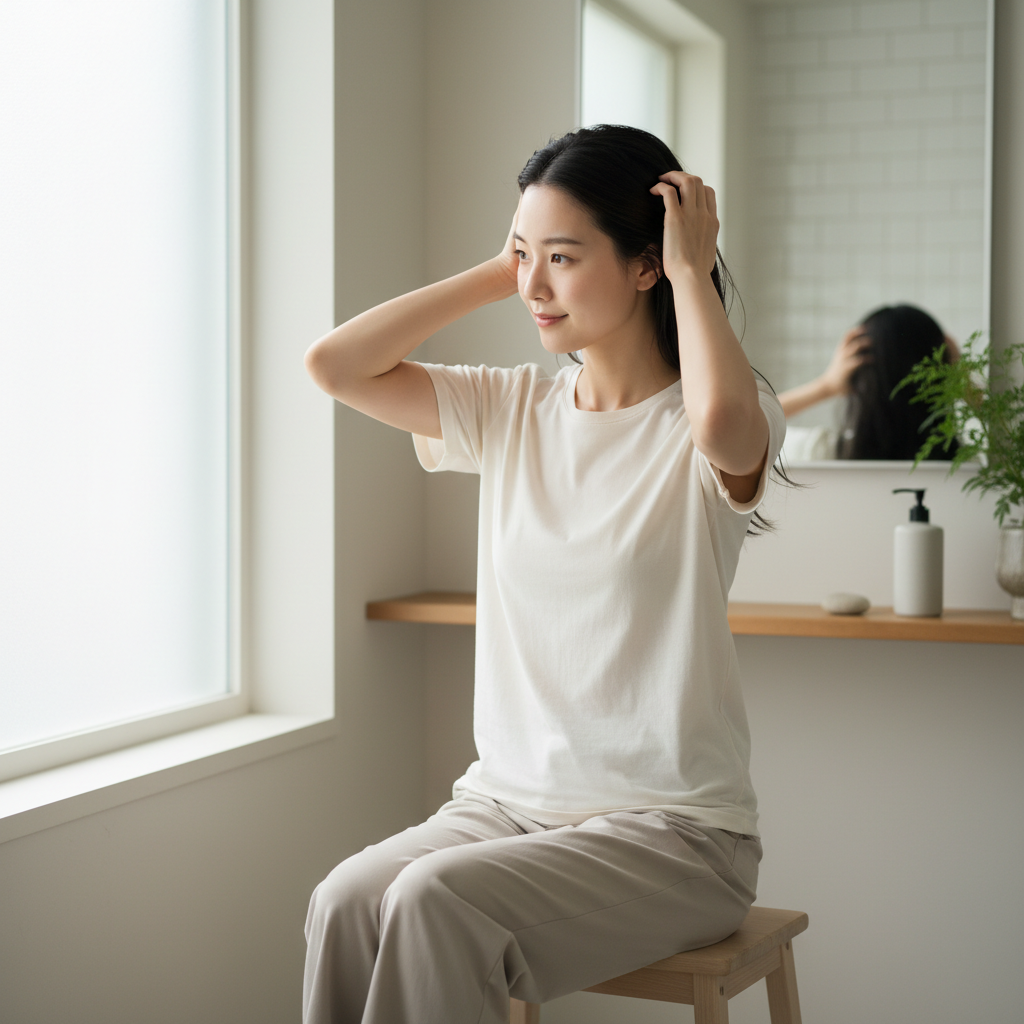 這張圖片展示了一位女子坐在明亮的房間中，手輕輕撫摸著她的頭皮，展現出對頭皮護理的關注，窗外的自然光線與清新的室內環境完美結合，讓人感受到頭皮spa的放鬆氛圍。