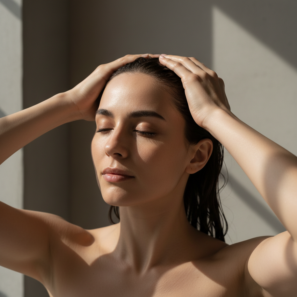 這張圖片展示了一位女性在柔和的光線下，閉著眼睛享受頭皮護理，雙手輕輕撫摸著頭皮，展現出頭皮養護和放鬆的感覺。