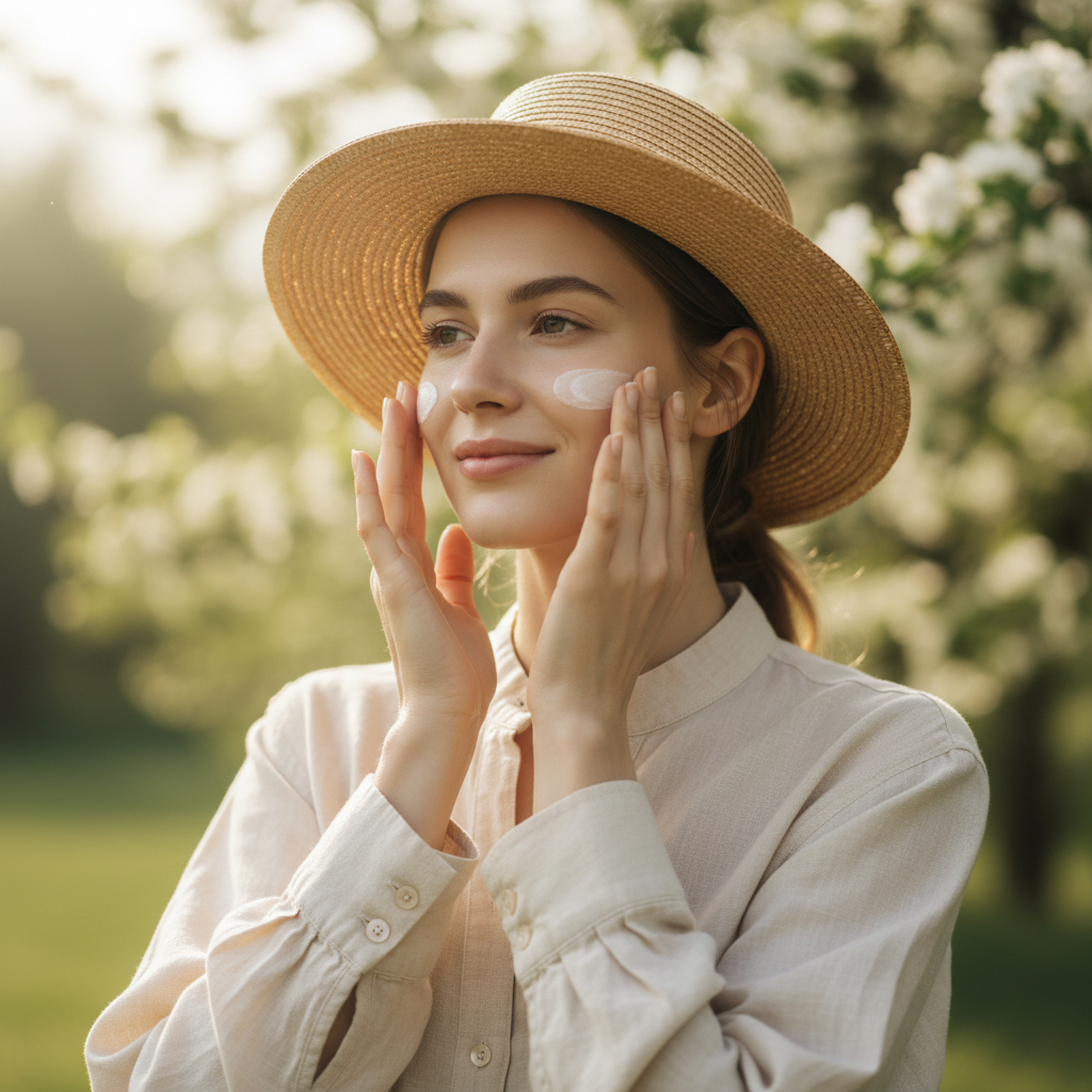 在陽光明媚的自然環境中，一位年輕女性正專注地將護膚油塗抹在臉上，展示出她對護膚的重視，服裝簡約且優雅，讓人感受到清新與活力。