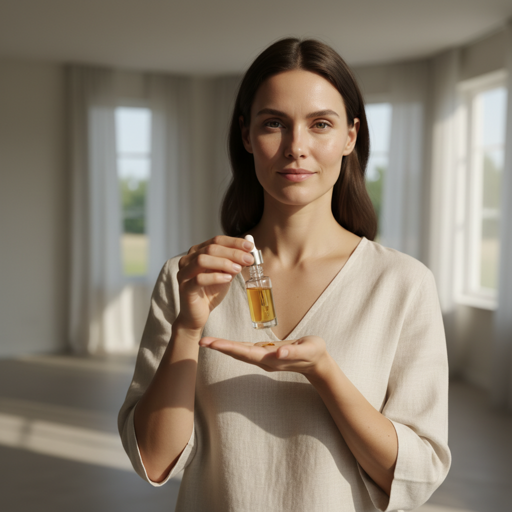一位女性在明亮的空間中手持護膚油，正準備使用，表現出對頭皮護理的重視，周圍環境簡約舒適，展現出現代護膚的風格。