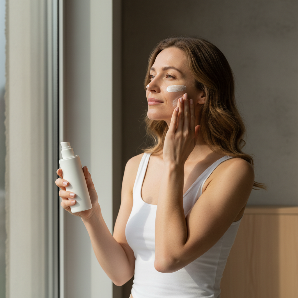 一位女性正在窗邊塗抹護膚品，手中拿著白色瓶裝護膚油，臉頰上塗抹著護膚膏，展現出自然的護膚過程，強調肌膚保養的重要性。